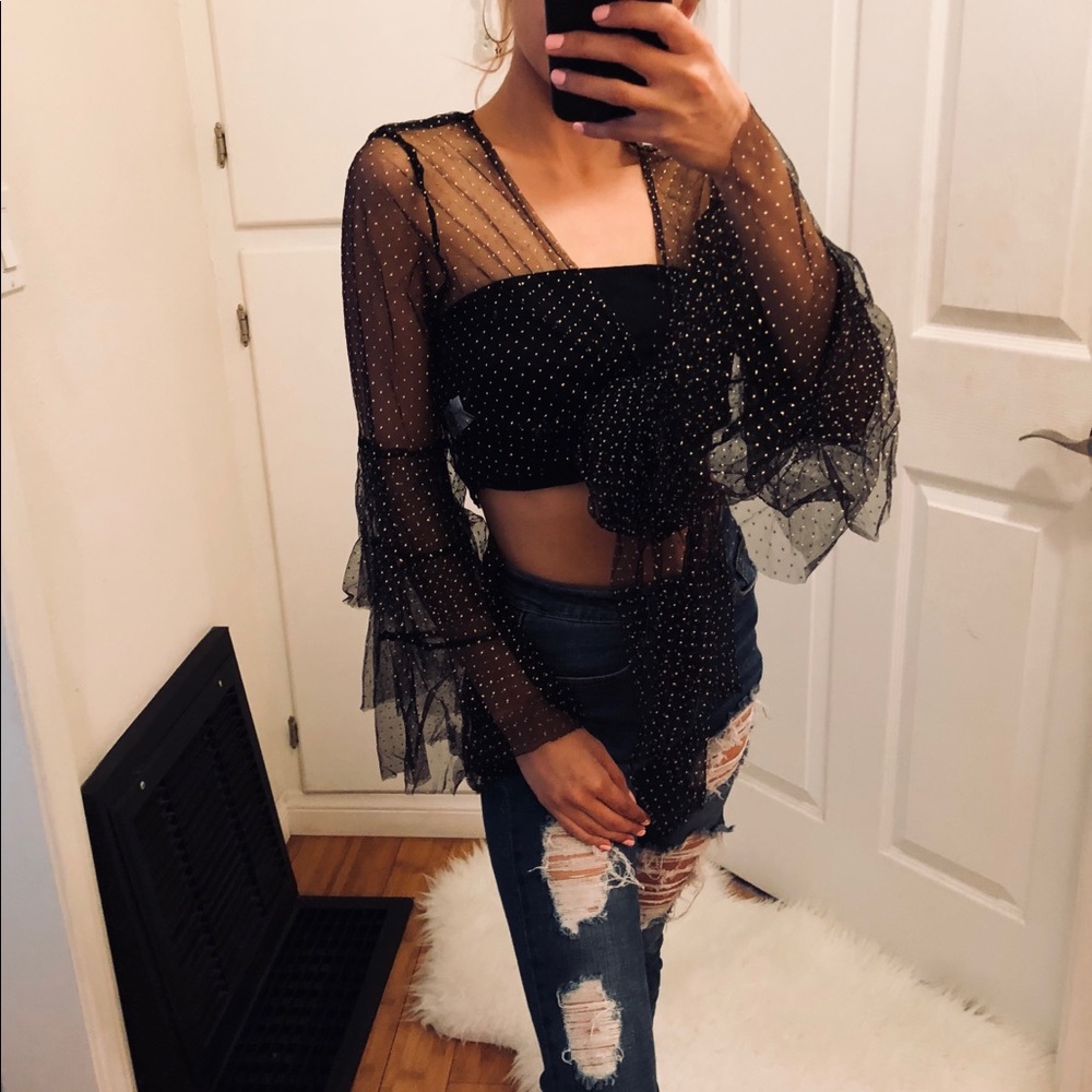 🍒 LAST ONE Black Mesh Cropped Top with Gold Dots - Picture 5 of 6
